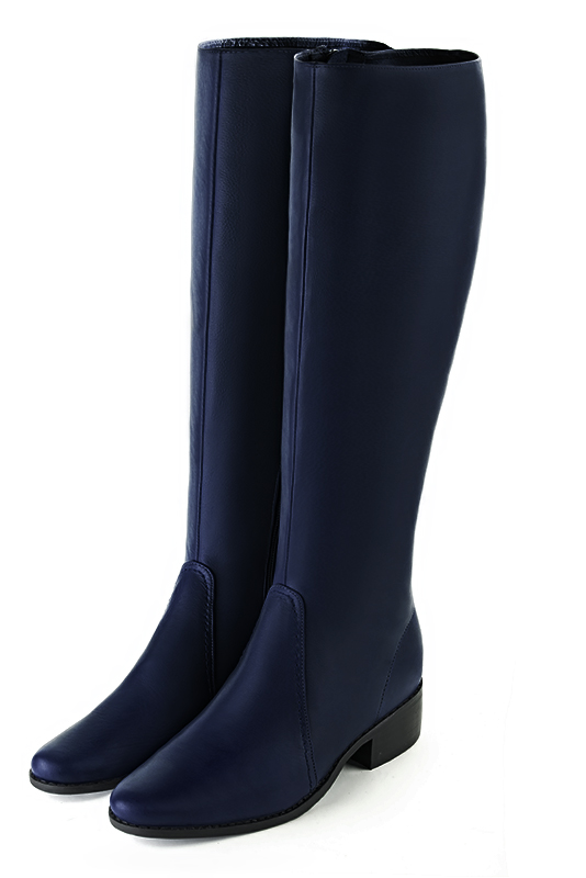 Navy blue women's riding knee-high boots. Round toe. Low leather soles. Made to measure. Front view - Florence KOOIJMAN